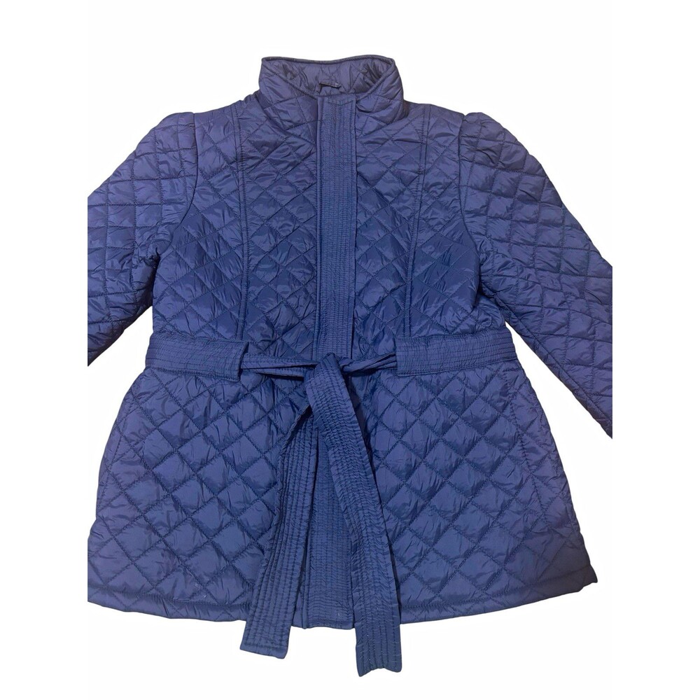 Crown & Ivy Women's Quilted Jacket Coat Blue Size M Belted Full Zip Mid length